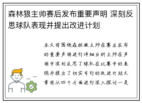 森林狼主帅赛后发布重要声明 深刻反思球队表现并提出改进计划