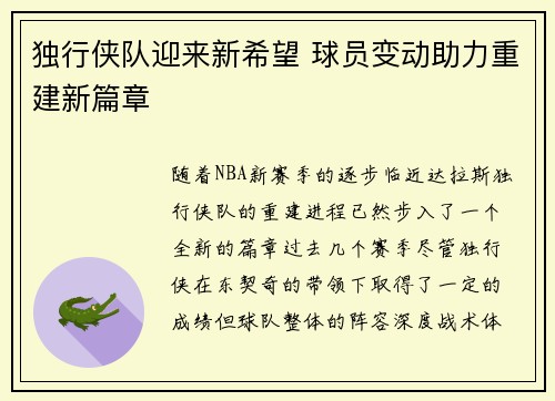 独行侠队迎来新希望 球员变动助力重建新篇章